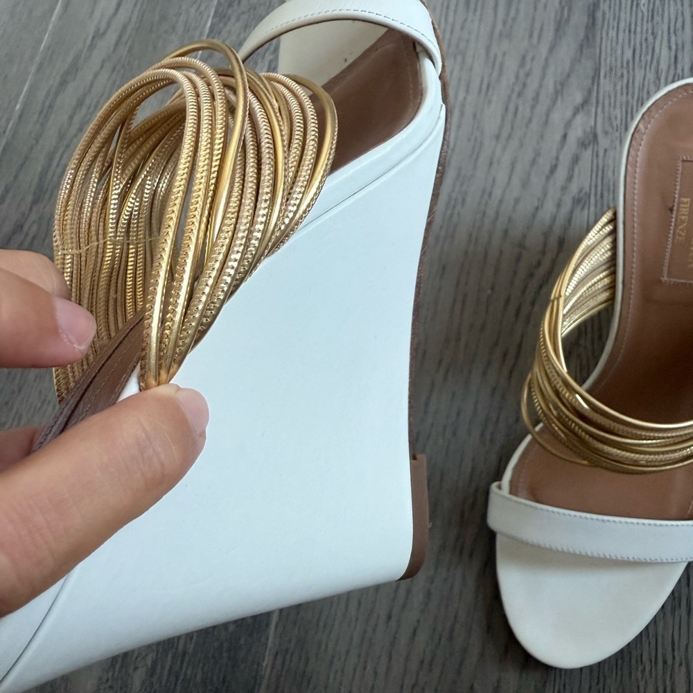 Aquazzura Italy Rendez Vous White and Gold Banded Wedge Sandals - Picture 5 of 9